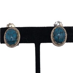 Vintage Earrings Clip On Silver Tone Oval Faux Turquoise Cabochon 3/4"